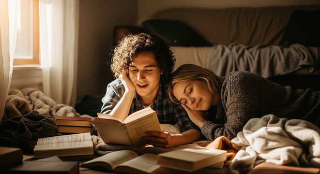 Couple reading books in cozy bedroom - Powered by Adobe