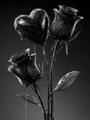 A close-up black and white image displays three roses, each with a heart shape dripping with dark liquid.  The scene suggests a dramatic and melancholic mood.