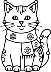 Winter Scarf Cat Illustration – Cute Cartoon Feline with Snowflake Scarf and Festive Details