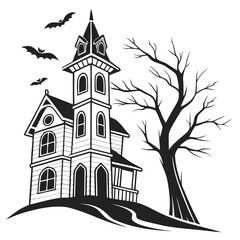 Spooky haunted house with crooked towers and flying bats under a dark sky