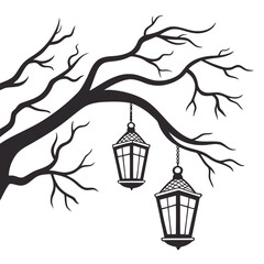 Silhouette of a spooky hanging lantern illuminated on a gnarled twisted branch