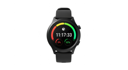 Modern black smartwatch displaying time and fitness data isolated on transparent background