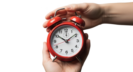 Hands holding a vintage red alarm clock isolated on transparent background