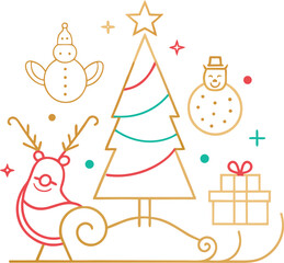 Fototapeta premium Vector art of minimalist line art illustration of a christmas tree, reindeer, sleigh, gifts, and snowmen with a festive theme