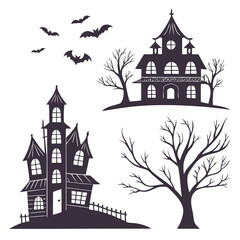 Spooky haunted house silhouette icons set featuring eerie towers and mysterious buildings