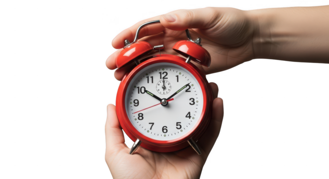 Hands holding a vintage red alarm clock isolated on transparent background