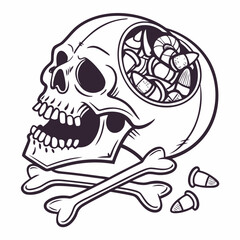 Playful halloween candy skull with crossbones and festive decorations