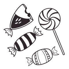 Whimsical halloween candy corn lollipop and wrapped candy illustrations for festive designs