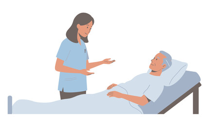 Caring nurse attentively converses with elderly patient resting comfortably in hospital bed, conveying trust and empathy in healthcare setting.