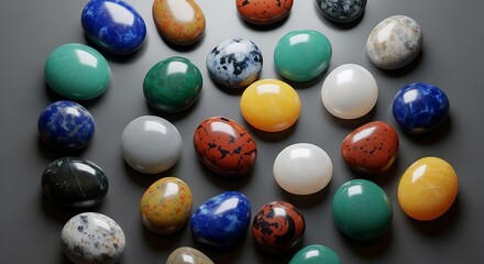 Assorted tumbled stones collection colorful gemstones minerals healing crystals on dark background close up view