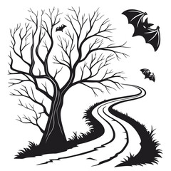 Obraz premium Mysterious twisted forest path with hanging bats silhouetted against a dark eerie sky
