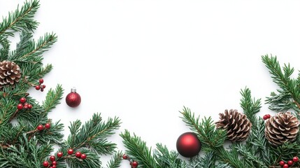 Christmas frame with fir branches, pine cones, and red berries isolated on white background