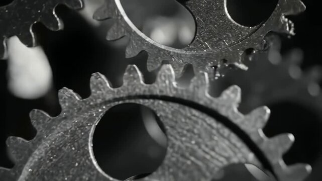 A detailed black and white macro shot of interlocking metal gears and cogs rotating in a complex mechanical system representing teamwork and industrial processes.