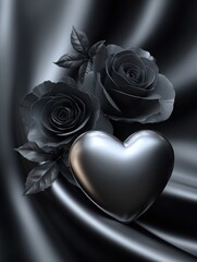 Two dark roses and a metallic heart rest on a dark, flowing fabric, creating a captivating and elegant visual composition.