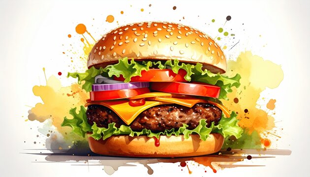 Gourmet burger with vibrant splashes