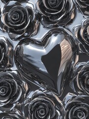 A polished, dark metallic heart surrounded by meticulously detailed, dark rose blossoms, showcasing a stunning interplay of reflective surfaces and intricate patterns.
