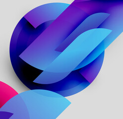 Abstract design features layered shapes, vibrant blues, purples, pinks. Modern aesthetic, dynamic composition, smooth gradients present.
