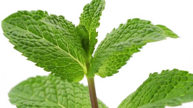 A detailed closeup macro shot of a fresh green mint sprig with vibrant textured leaves isolated on a clean bright white background for culinary and health concepts.