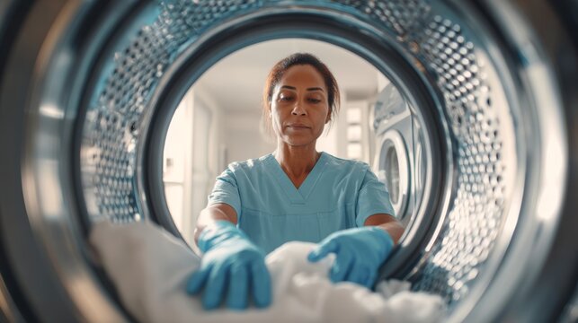 A focused African American woman in scrubs places laundry into a washing machine, showcasing a moment of diligence and care.