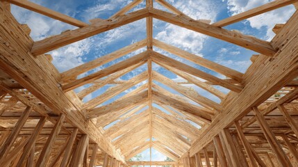 A stunning view of wooden beams framing a building under a bright blue sky.