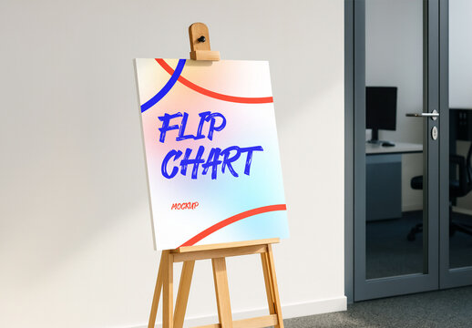 Modern Flip Chart Mockup in Corporate Office Interior &ndash; Realistic Wooden Easel with Blank Presentation Board for Business Meetings, Branding and Educational Display Design