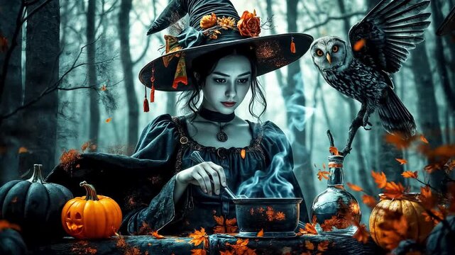 young very attractive witch brews a magic potion in a fairy forest.