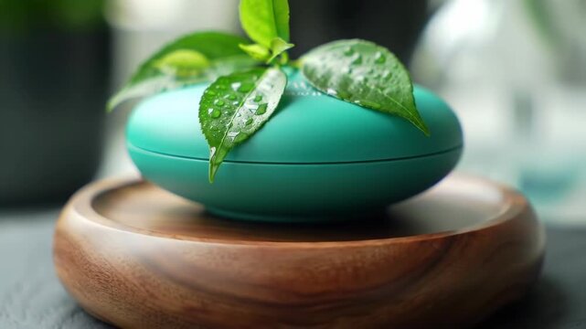 Green leaves with water droplets on a bright teal round container