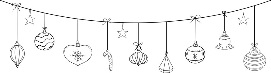 Christmas garland hanging balls, stars snowflakes sketch elements decorating for the Christmas and New Year. Design element, winter border, header 