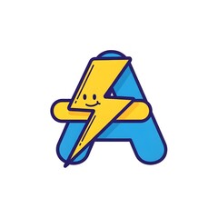 A cartoon letter A with a smiling lightning bolt inside, blue and yellow colors.