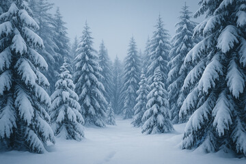 Winter forest in the snow - a picturesque background with Christmas trees