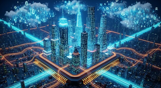 Digital city technology concept futuristic cityscape with data flow and network connections design