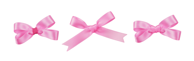 Set of pink satin ribbon bows isolated on white or transparent background