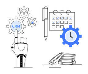 Robotic hand touches CRM gear amidst settings for tasks, time, money, and performance. Ideal for automation, productivity, task management, CRM tools, AI integration time tracking and goal