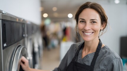 Smiling Caucasian woman in a gray uniform at a laundromat, conveying a welcoming and friendly atmosphere.