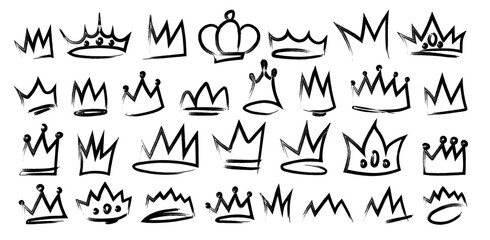 Crown doodle collection with royal hand drawn sketches for king and queen symbols. Black ink graffiti style headpieces with spikes and gems designs. Simple monarchy icons for decorative elements.