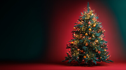 A Christmas tree decorated with golden, red, and green ornaments stands on a flat red surface against an empty background, evoking a festive yet elegant holiday vibe.