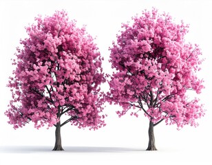 Fototapeta premium Two vibrant pink cherry blossom trees against white (1)