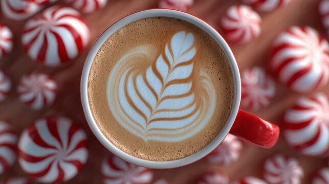 A beautifully crafted latte with a leaf design, surrounded by festive red and white peppermint candies.