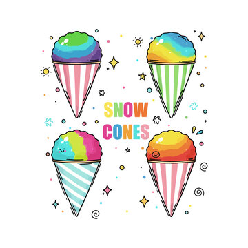 set of shaved ice on cones vector doodle illustration