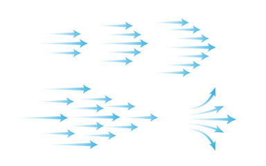 Blue gradient arrow collection with air flow patterns for navigation and direction design. Straight pointers with curved. Various cooling and purification symbol for climate control equipment.