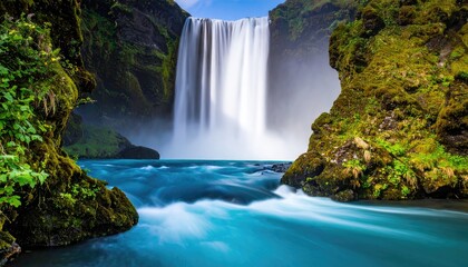 Fototapeta premium Majestic waterfall cascading into turquoise pool, framed by lush green Icelandic landscape