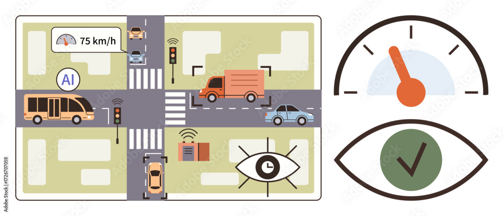 Aufkleber cars, bus, and truck navigating ai-controlled intersection with speed monitoring and traffic signals