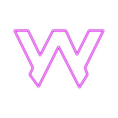 Neon letter w isolated on transparent background, glowing purple capital letter w