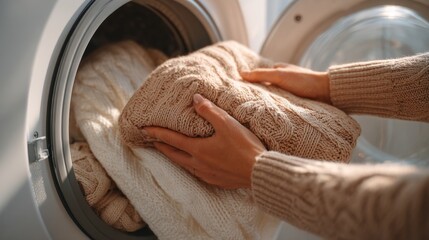 A woman with dark skin neatly folds warm, textured sweaters into a dryer, capturing the essence of home chores.