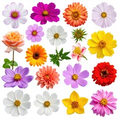 Vibrant flower collection, various colors and types, isolated on white
