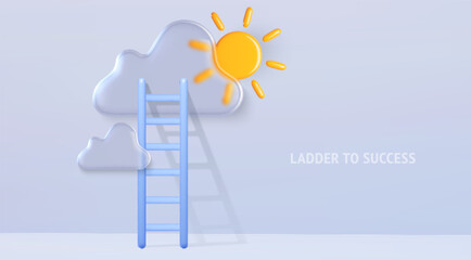 Blue ladder reaching through cloud towards bright sun with career dream success concept for business growth visualization. Soft white forms and sky elements. Achievement path metaphor illustration. © klyaksun