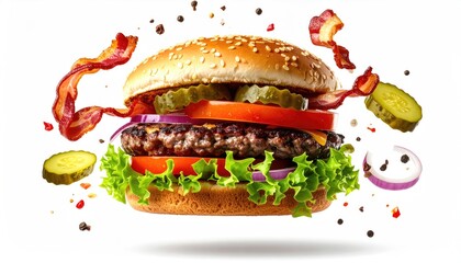 Delicious burger in mid-air, bacon and toppings flying