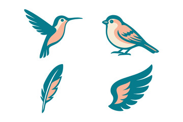 Obraz premium Collection of stylized graphic bird elements including a flying hummingbird, a perched sparrow, a single feather, and a wing