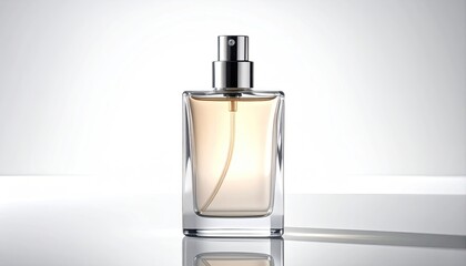 Rectangular glass perfume bottle, light amber liquid, chrome spray cap