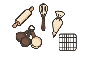Assortment of essential baking tools and kitchen utensils for cooking, pastry preparation, and dessert making, including whisks, rolling pins, and measuring cups